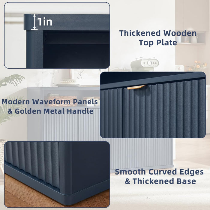 55-Inch Fluted Buffet Cabinet with 4 Doors,Dark Blue | Fluted Wood Credenza with Adjustable Shelves and Open Storage for Dining Rooms, Kitchens, Entryways or Living-Room Media