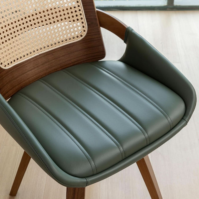 Set of 4 Green Rattan Dining Chairs - Mid Century Modern Dining Chairs with Walnut Bentwood Frame, Ergonomic Rattan Back, Curved Arms, Versatile for Living Room/Conference/Kitchen (Walnut Green)