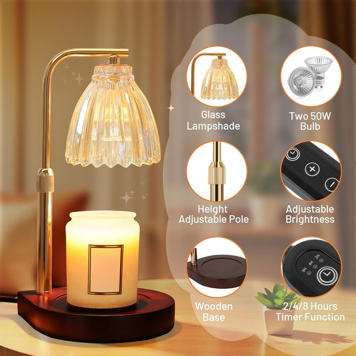 Candle Warmer Lamp with Timer, Dimmable Candle Lamp with Adjustable Height, Birthday Gifts for Women Mom, House Warming Gifts New Home, Candle Lamp Warmer for Jar Candles with 2 Bulbs - Wood
