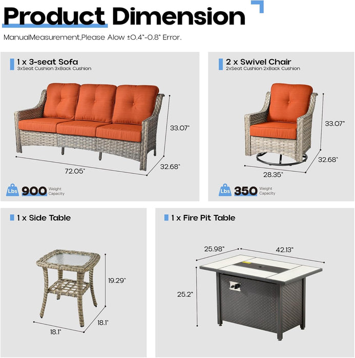 Outdoor 5 Pieces Coversation Set with 42" Fire Pit Table, Patio Furniture High Back Couch with Swivel Rocking Chair, Rattan Wicker 3-Seater Sofa for Porch Balcony Backyard,Orange