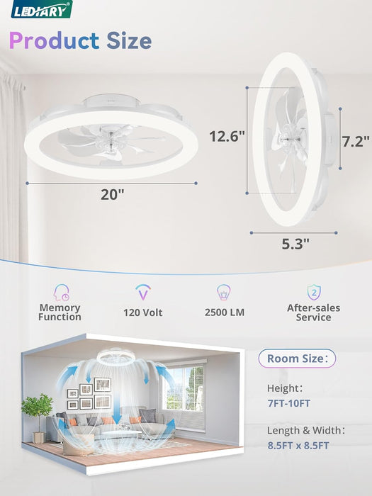 RGB Low Profile Ceiling Fans with Lights and Remote, 20 Inch Dimmable Modern Ceiling Fan(3000K-6000K), 6 Speed, Reversible, APP & Remote Control, Flush Mount Fan Light, White RGB Ceiling Fans