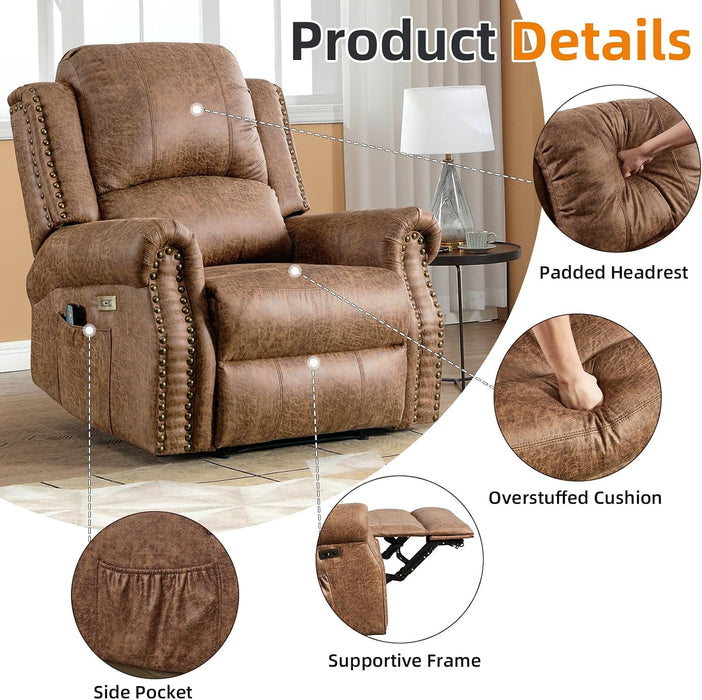 Power Recliner Chair with Massage and Heat, Faux Leather Electric Recliner Chair, Classic Single Sofa with Rivet Decoration for Living Room, Nut Brown