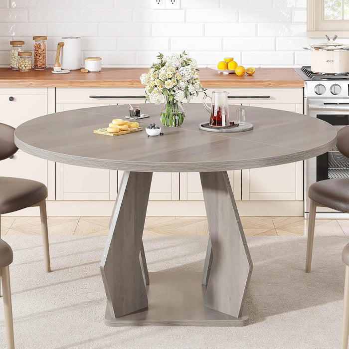 Round Dining Table for 4-6, Farmhouse Kitchen Table, Grey, 47 Inch | Modern Circle Dining Table with Wood Top, Wood Dinner Table with Wooden Pedestal Base for Dining Room, Living Room,Office