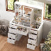 White Makeup Vanity Desk 9 Drawers Wood Dressing Table with 3 Mirrors, Glass Top, Hidden Storage Shelves, LED Lighted