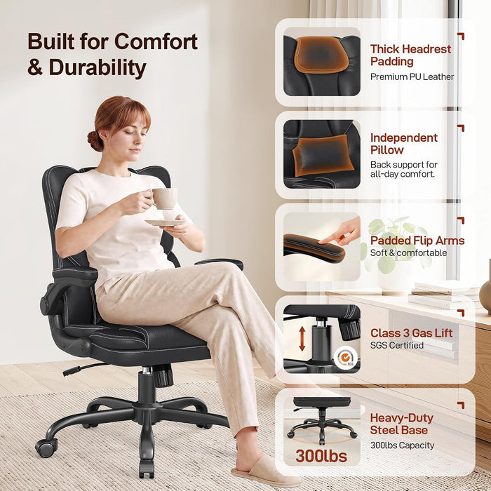 Ergonomic Office Chair Leather Desk Chair with Lumbar Support Flip up Arms