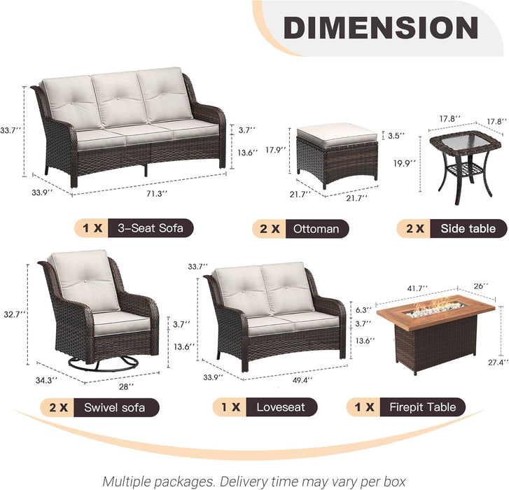 9 Piece Outdoor Patio Furniture Sets,Wicker Conversation Set with 3-Seat Sofa,2 Swivel Chair,2 Side Tables,2 Ottomans,1 Fire Table and 1 Lover Sofa for Garden,Brown Rattan Beige Cushion