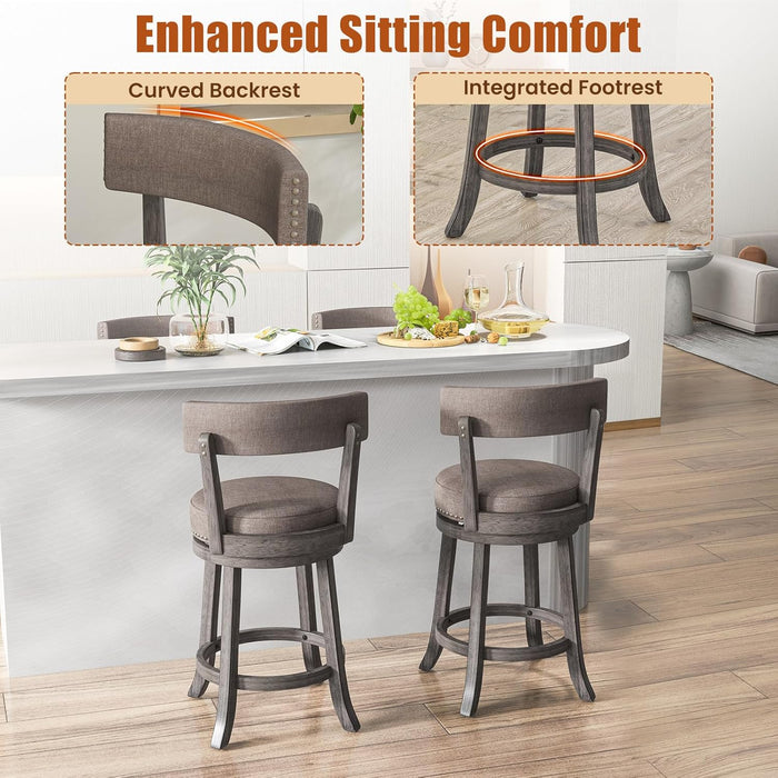 26" Bar Stools Set of 2, Swivel Counter Height Bar Chairs with Footrest, Rubber Wood Frame, Upholstered Linen Barstools with Back & Cushioned Seat for Kitchen Island, Dining Room, Pub