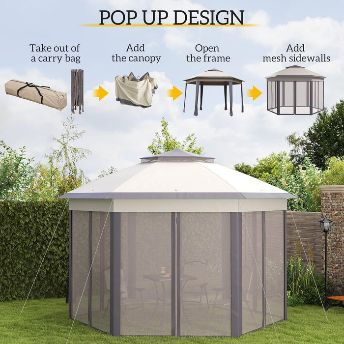 13' X 13' Pop up Gazebo, Hexagonal Canopy Shelter with 6 Zippered Mesh Netting, Event Tent with Strong Steel Frame for Patio Backyard Garden Wedding Party, Coffee and Beige