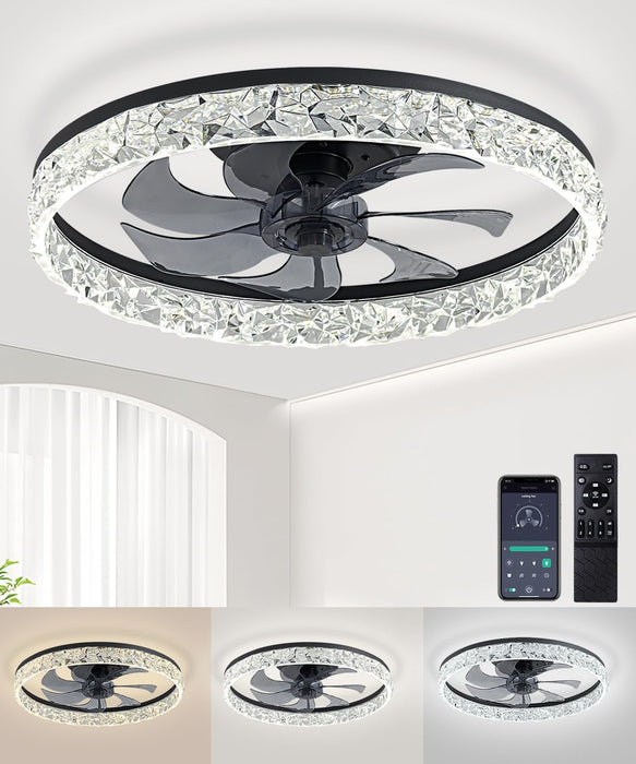 Ceiling Fans with Lights and Remote, 20"Low Profile Ceiling Fan with Light, 3000-6500K Smart Bladeless LED Fan Light, Ceiling Fans with Light for Stepless Color Temperature Change and 6 Speeds - Black