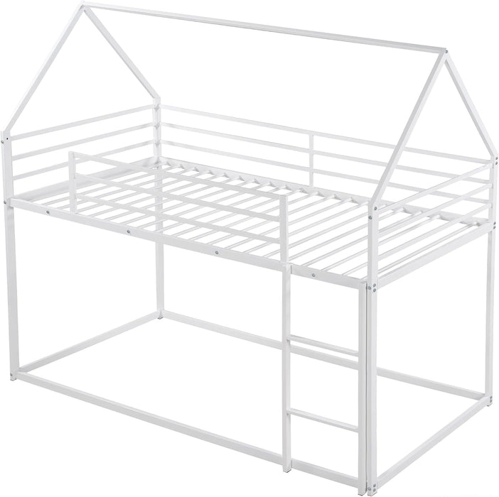 Bunk Bed Twin over Twin Metal Floor Bunk Bed with Ladder, House Shaped Bunk Bed Frame with Metal Slats for Dormitory and Bedroom, Space Saving, No Box Spring Needed
