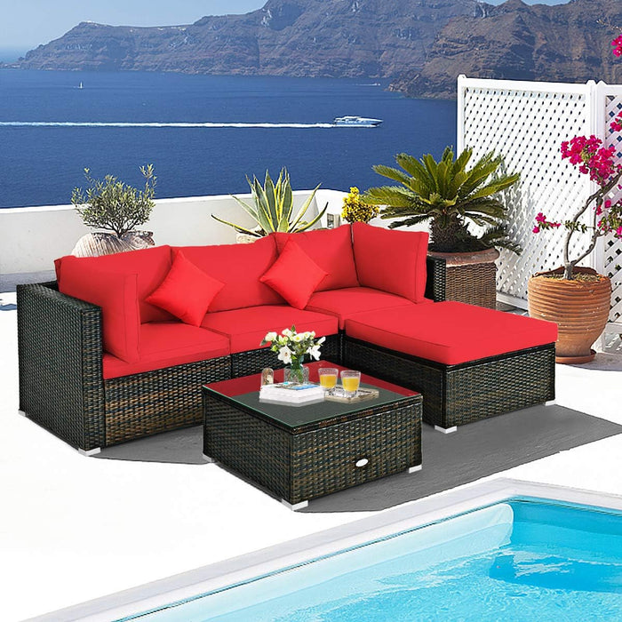 5-Piece Patio Conversation Set - Outdoor PE Rattan Furniture Set W/Glass Coffee Table, Back & Seat Cushions, Soft Pillows, Sectional Sofa Set for Porch, Backyard (Red)