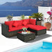 5-Piece Patio Conversation Set - Outdoor PE Rattan Furniture Set W/Glass Coffee Table, Back & Seat Cushions, Soft Pillows, Sectional Sofa Set for Porch, Backyard (Red)