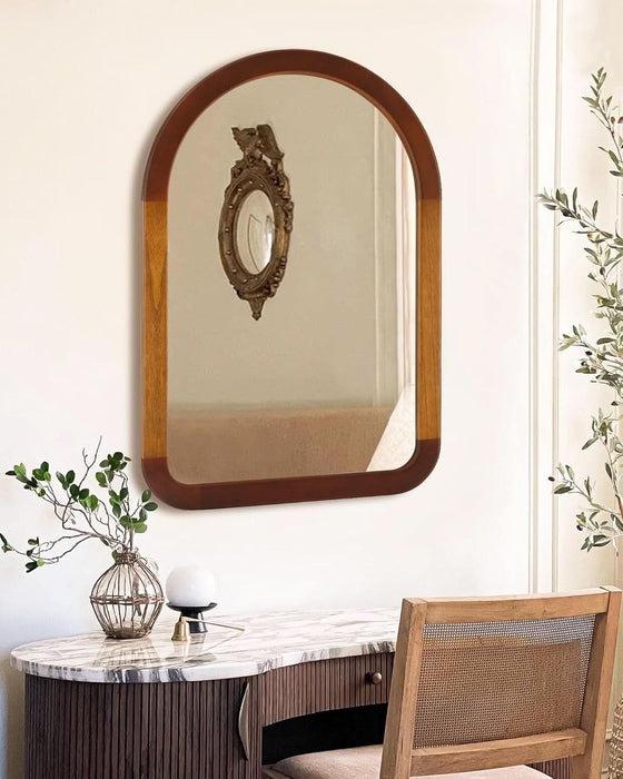 Arched Mirror 24 X 36 Inch,Brown Wood Rustic Bathroom Tempered Wall Mirror with Wood Frame,Round Corner Arch Farmhouse Wooden Vanity Mirror for Living Room,Entryway or Bedroom（Walnut Brown）
