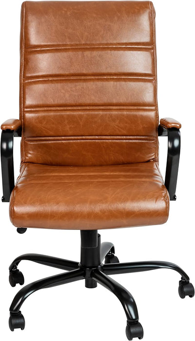 Whitney High-Back Swivel Leathersoft Desk Chair with Padded Seat and Armrests, Adjustable Height Padded Leathersoft Office Chair, Brown/Black Gold