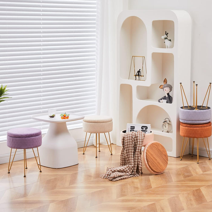 Velvet Ottoman round Footrest Footstools with Storage Space Soft Vanity Chair with Memory Foam Seat Small Side Table Hallway Step Stool 4 Gold Metal Legs with Adjustable Footings Ginger