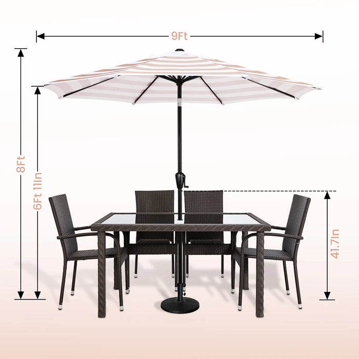 9 FT Patio Umbrella W/ Push Button Tilt and Crank Outdoor Umbrella, 8 Sturdy Ribs, UV Protection, Solution-Dyed Fabric, Beige and White Stripe