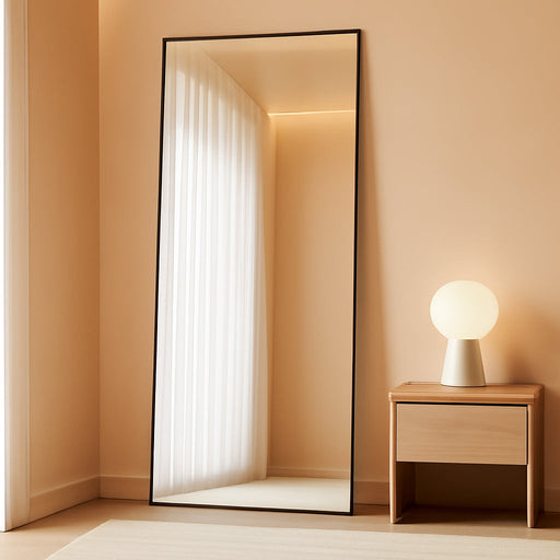 Full Length Mirror with Stand, 56"X21" Floor Mirror with Aluminum Alloy Thin Frame, Shattervue Tempered Full Body Mirrors, Free Standing or Wall-Mounted Mirrors for Living Room, Black
