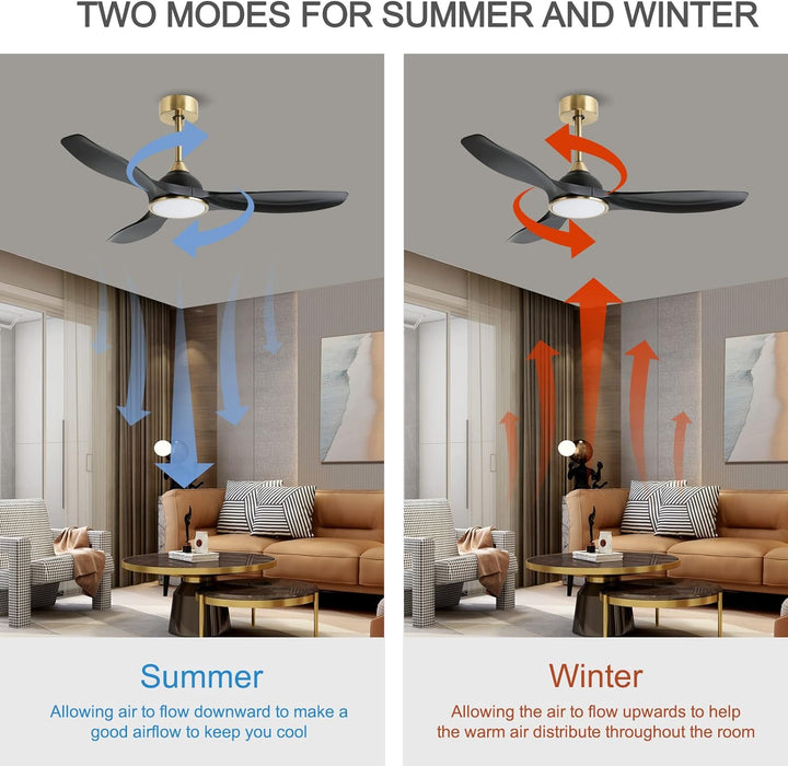 52 Inch Quiet DC Motor 6 Speed High CFM Ceiling Fan with Lights Remote Control, 3 Blade Black Gold Indoor Bedroom Modern Ceiling Fan