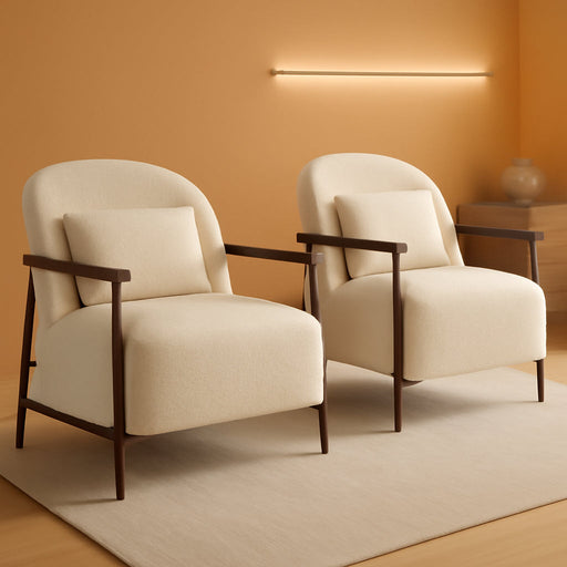 Accent Chair for Living Room Set of 2, FSC Certified Modern Upholstered Faux Sherpa Fabric Armchair with Metal Frame and Wooden Armrests, Ivory