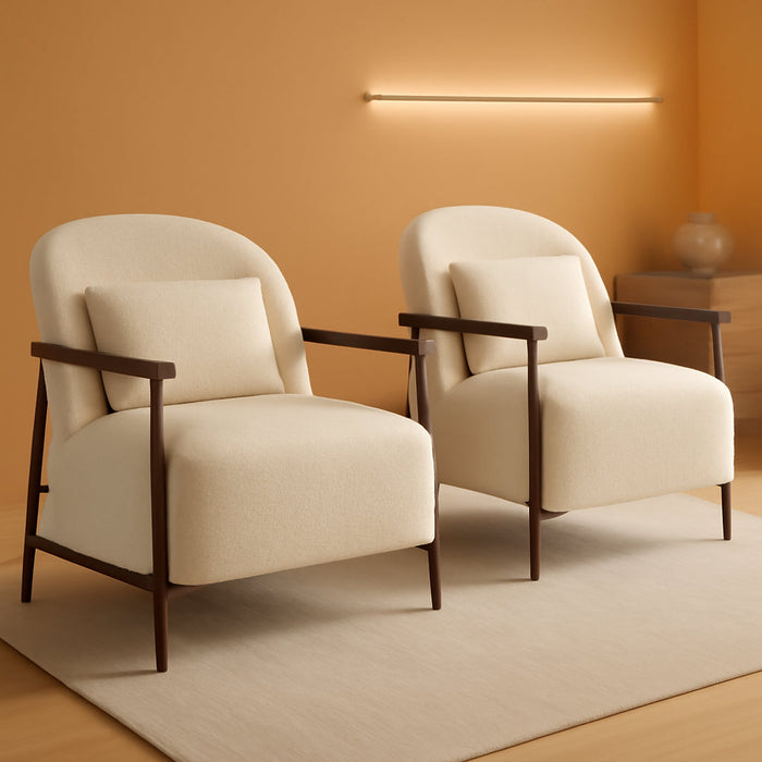 Accent Chair for Living Room Set of 2, FSC Certified Modern Upholstered Faux Sherpa Fabric Armchair with Metal Frame and Wooden Armrests, Ivory