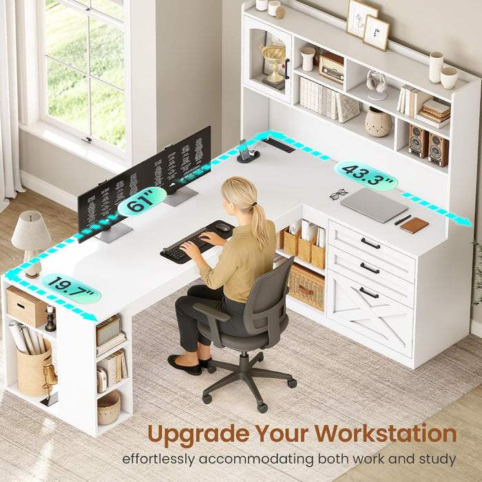 Farmhouse L Shaped Office Desk with Drawers, 61” Computer Desk with Storage Shelves and Power Outlet, Corner Gaming Desk with LED Light and Display Cabinet for Home Office (White)