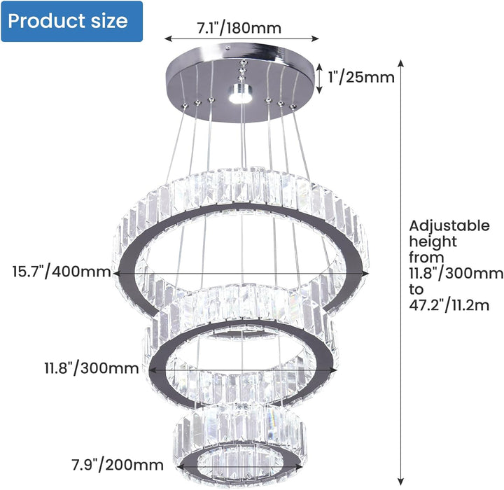 Three Ring Crystal Chandelier LED Ceiling Luminaire