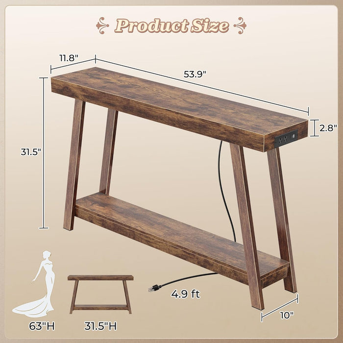 Console Table with Charging Station, USB-C Port, 2 Tiers Entryway Table, 53.9 Inch Sofa Table with Metal Legs, Entry Hallway Table with Thicker Desktop, Modern behind Couch Table, Rustic Brown
