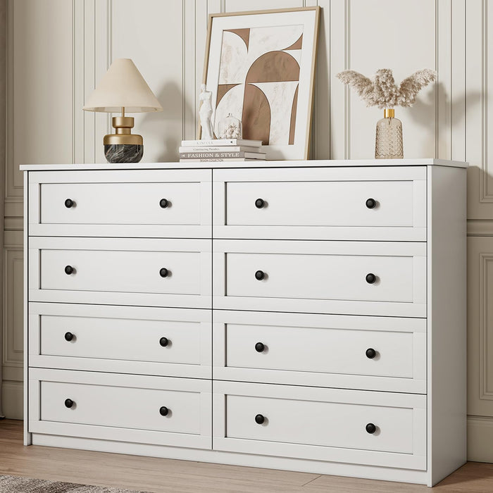 55In White 8 Drawer Double Dresser for Bedroom,Large Wood Storage Chest