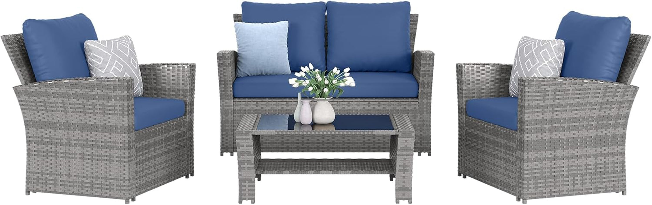 Patio Furniture Set, 4 Pieces Outdoor Patio Furniture Wicker Sectional Sofa Outdoor Patio Set Patio Conversation Sets, Grey