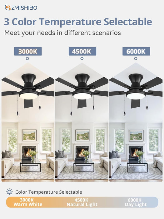 52Inch Ceiling Fans with Lights, Low Profile Ceiling Fan with Pull Chain and Remote Control, Flush Mount, Reversible, Dimmable, Noiseless, Black Pull Cord Ceiling Fan for Bedroom