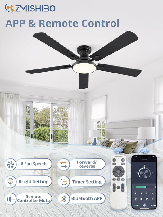 52 Inch Ceiling Fans with Lights, Flush Mount Low Profile Ceiling Fan with 6 Speeds & 3CCT, Smart Remote&App Control, Dimmable 24W LED Light, Quiet DC Motor for Living Room Bedroom,Black