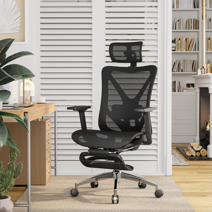 Ergonomic Office Chair with Footrest, 135° Reclining Desk Chair with Adjustable Lumbar Support,3D Armrest,Headrest & Large Steel Base, 300LBS Heavy Duty Mesh Chair