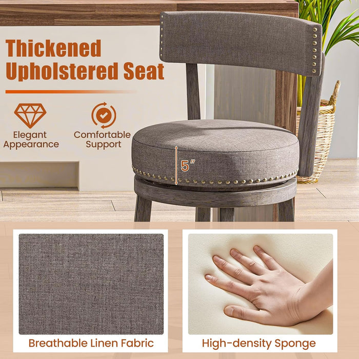 26" Bar Stools Set of 2, Swivel Counter Height Bar Chairs with Footrest, Rubber Wood Frame, Upholstered Linen Barstools with Back & Cushioned Seat for Kitchen Island, Dining Room, Pub