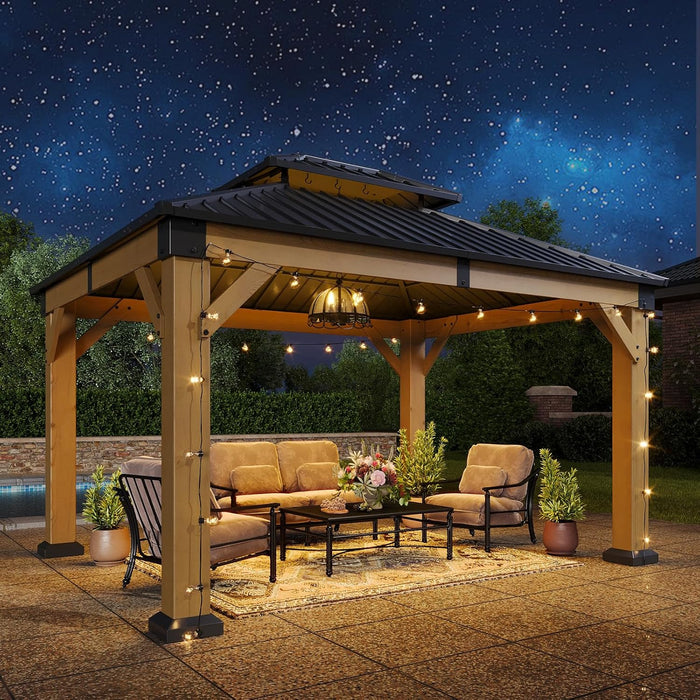 10' X 12' Outdoor Wood Gazebo, Hardtop Gazebo Permanent Wooden Pavilion with Galvanized Steel Double Roof, for Patio, Garden, Deck, Cedar Wood, Natural