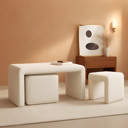 Modern Boucle Bench White Sherpa Ottoman Bench for Entryway, Bedroom End of Bed, Set of 3 Small Sofa Footrest Extra Seating for Living Room, 20+50 Inch Bench