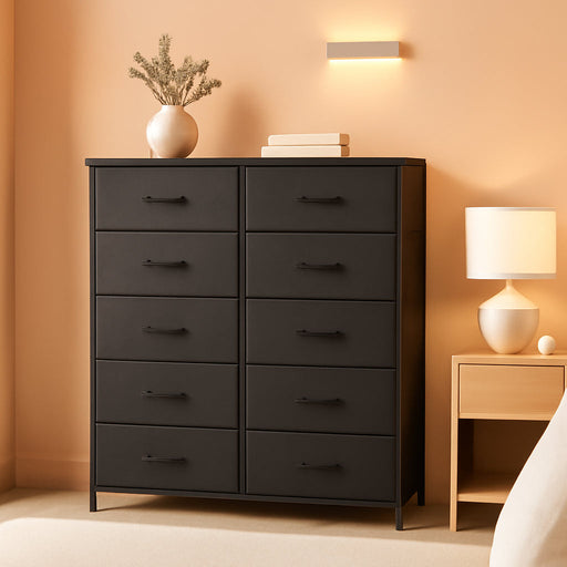 Dresser for Bedroom with 10 Drawers, Chest of Drawers, Storage Drawers Organizer Unit, Black Wide Fabric Dresser with Fabric Bins for Closet, Living Room, Entryway (Black and Charcoal Black)