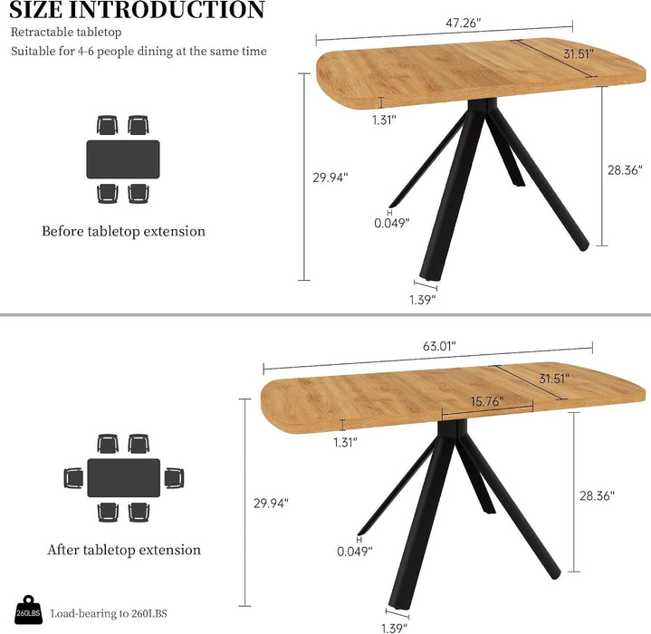 Extendable Dining Table Set for 6, Oak Table with 6 PU Black Chairs