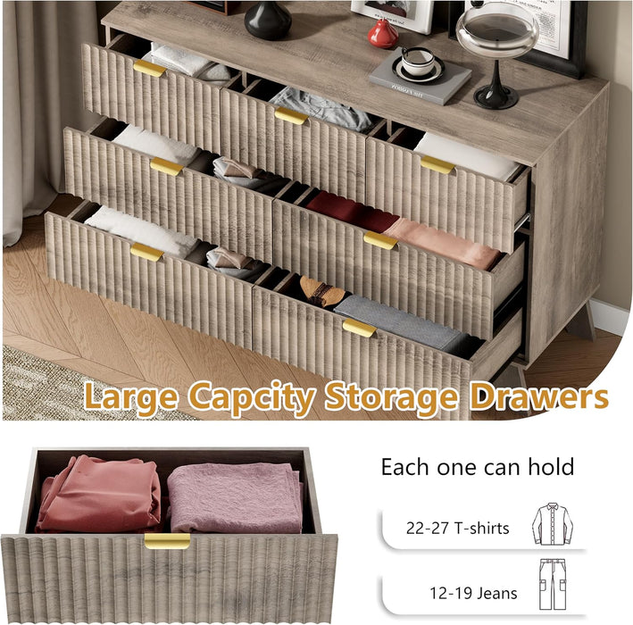 7 Drawer Fluted Dresser for Bedroom, Mid Century Modern Wooden Dresser with 7 Drawers, Dressers & Chests of Drawers with Metal Handle, TV Stand & Storage Organizer for Entryway, Hallway, Grey