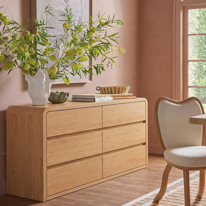Modern 54" Wide 6 Drawers Dresser with Curved Profile Design,Oak