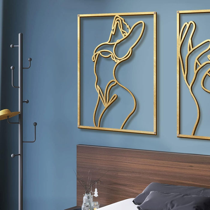 4 Pack Gold Wall Art Decor, Minimalist Single Line Real Metal Wall Art, Woman'S Body Shape Abstract Wall Art (Gold Classic Style, 17 X 11.8'')