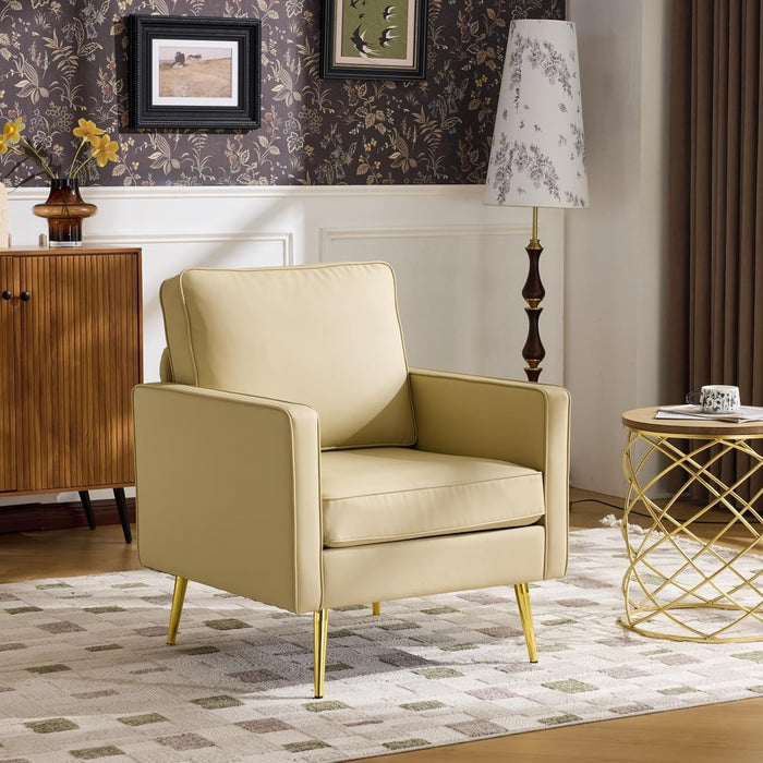 Modern PU Leather Accent Chairs Set of 2, Single Sofa Chair with Pocket Coil Seat, Metal Backrest & Solid Wood Frame, Upholstered Armchair for Living Room, Bedroom or Office
