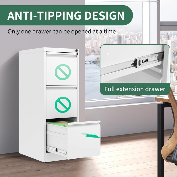 White 3 Drawer Vertical File Cabinet LockingMechanism