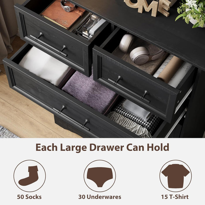 Black Farmhouse Dresser for Bedroom, Modern 6 Chest of Drawers, 44" Tall Chest of Drawers W/Brushed Metal Handle, Wood Closet Organizers and Storage Cabinet for Bedroom, Living Room, Hallway