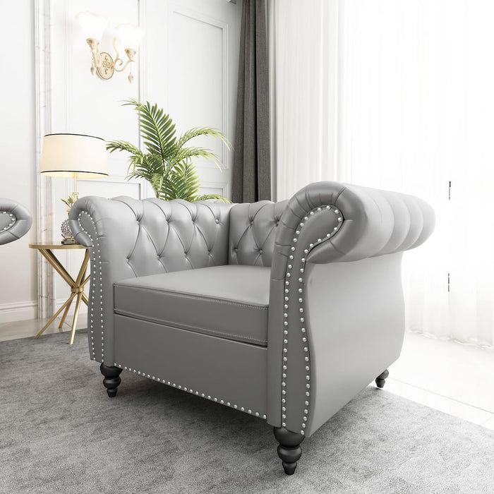 2 Piece Living Room Set, Chesterfield Leather Sofa Couch Chair with Scroll Arms and Nailhead for Living Room, Office (Grey)