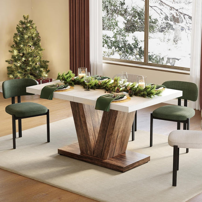 47 Inches Dining Table for 4, Modern Dining Room Tables, White Rectangle Kitchen Table with Rustic Brown V-Shaped Pedestal, Wooden Dinner Table for Dining Room, Kitchen, Living Room