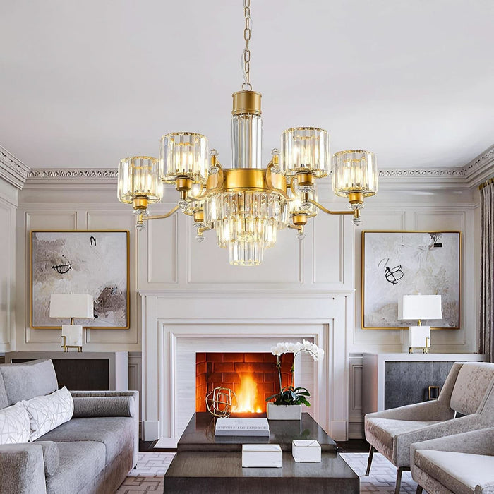 7-Light Modern Large Crystal Chandelier Gold Adjustable Hanging Pendant Light Vintage Farmhouse Ceiling Light Fixture for Living Room Dining Room Bedroom Foyer Entryway Staircase