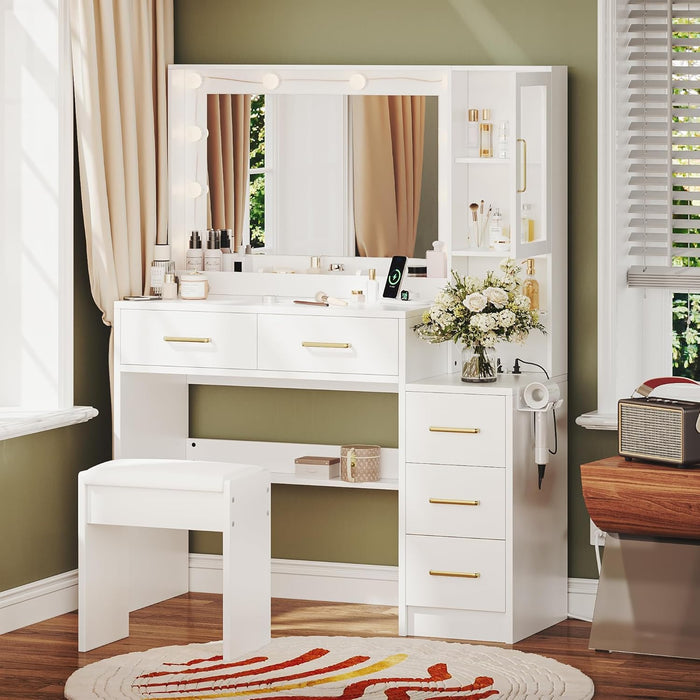 White Makeup Vanity With Integrated Charging Station