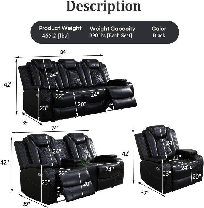 Power Recliner Sofa Set with LED Lights,Leather Reclining Sofa with USB Port/Wireless Charger/Storage Console/Cup Holder,3 Piece Reclining Living Room Set for House/Home Theater(3 Piece Set,Black)