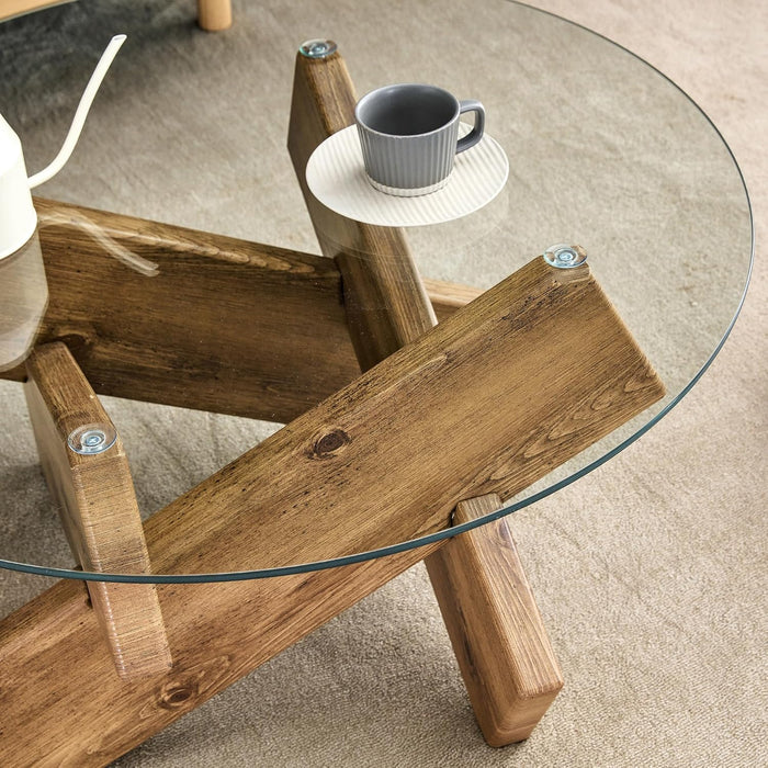 Round Glass Top Coffee Tables for Living Room, 33.4 Inch Rustic Farmhouse Center Table, Mid Century Circle Cocktail Table with Wood Crossed Legs