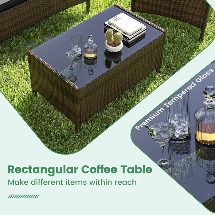 4-Piece Patio Furniture Set - Rattan Outdoor Conversation Bistro Set W/Cushions, Glass Coffee Table, Wicker Chairs & Loveseat for Garden Backyard Porch, Balcony Furniture Set (1, Black)